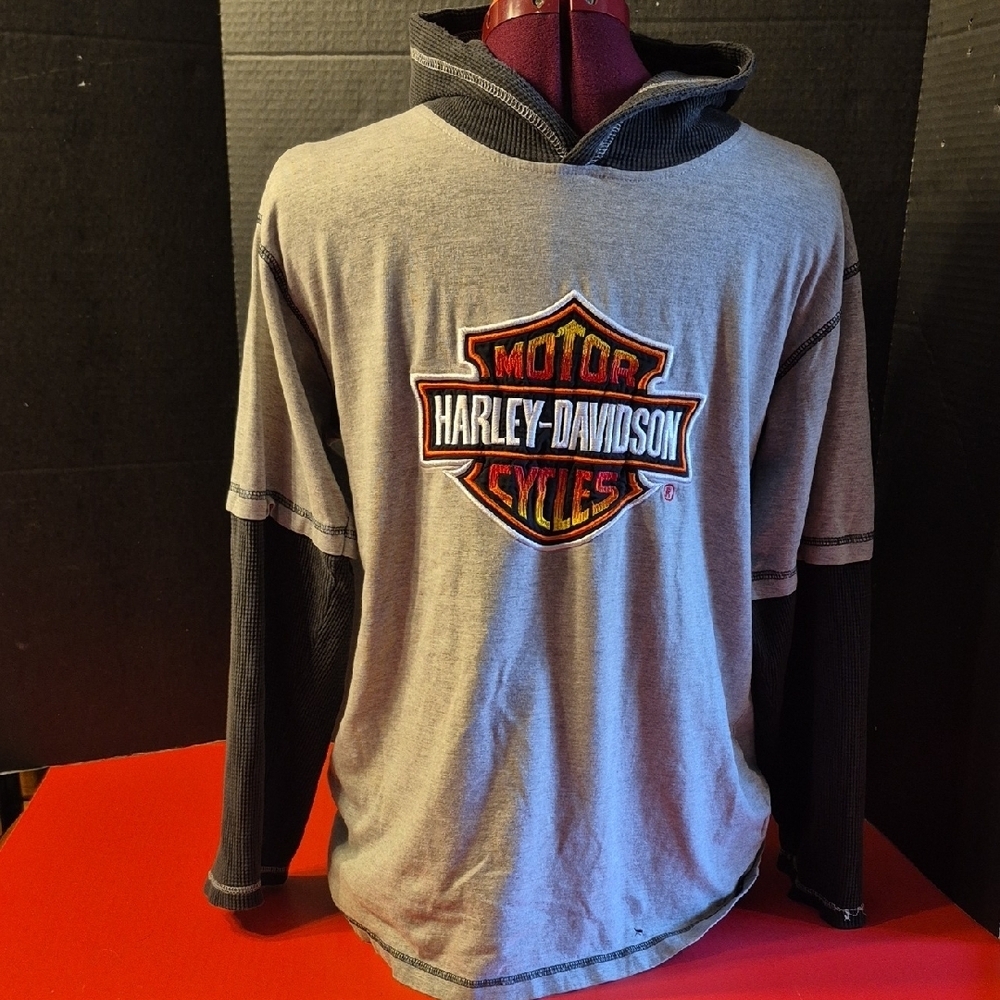 Distressed Harley-Davidson Gray and Black Long Sleeve Shirt Size Small